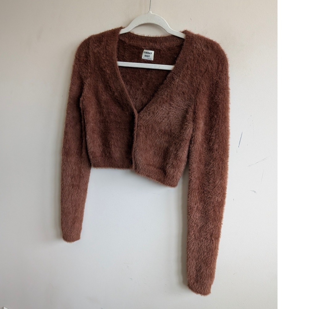 Sunday Best Aritzia Reese Cardigan Brown Eyelash Knit Cropped Sweater Small - Picture 4 of 8